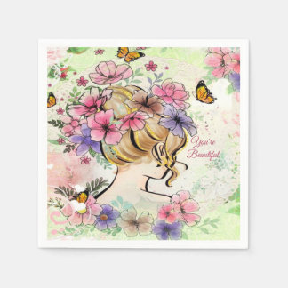 Lady Beautiful Flowers Decoupage Personalised  Napkin