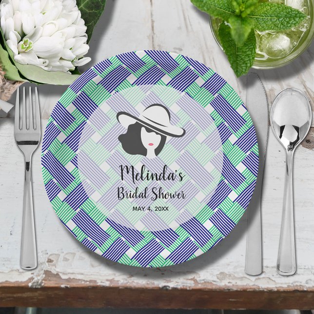 Lady Big Hat Derby Bridal Shower Paper Plate (Big Derby hat lady on blue and green diagonal stripes bridal shower paper plates)