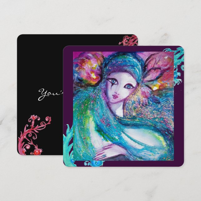 LADY BLUE MASK Elegant Masquerade Party,Teal Black Invitation (Front/Back)