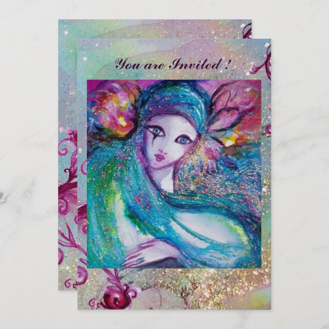 LADY BLUE MASK Elegant Masquerade Party Teal Pink Invitation (Front/Back)