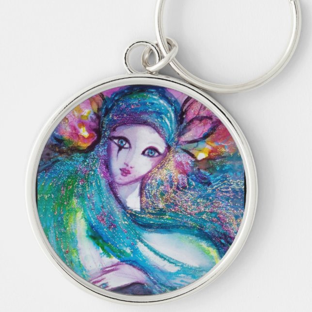 LADY BLUE MASK Elegant Venetian Masquerade Key Ring (Front)