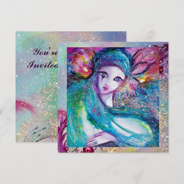 LADY BLUE MASK Elegant Venetian Masquerade Party Invitation (Front/Back)