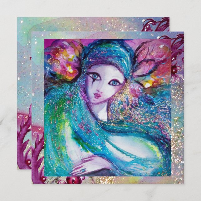 LADY BLUE MASK Masquerade Party Floral Sparkles Invitation (Front/Back)