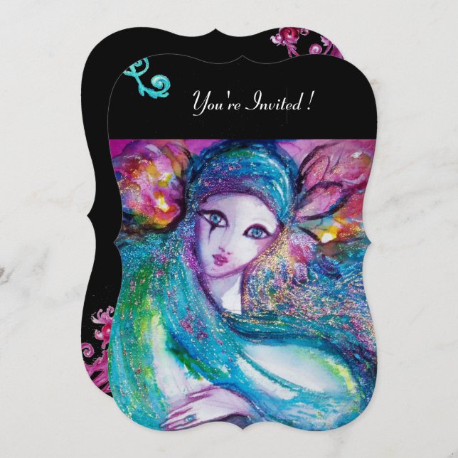 LADY BLUE MASK Masquerade Party,Red Black Floral Invitation (Front/Back)