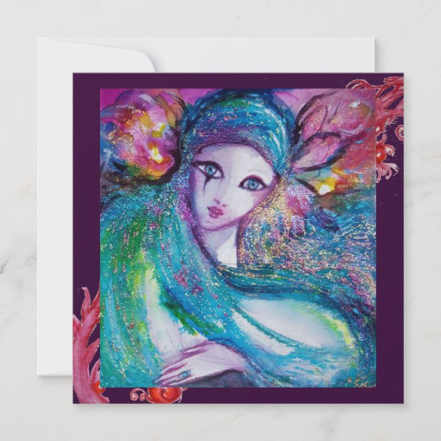 LADY BLUE MASK Masquerade Party,Red Purple Swirls Invitation (Front)