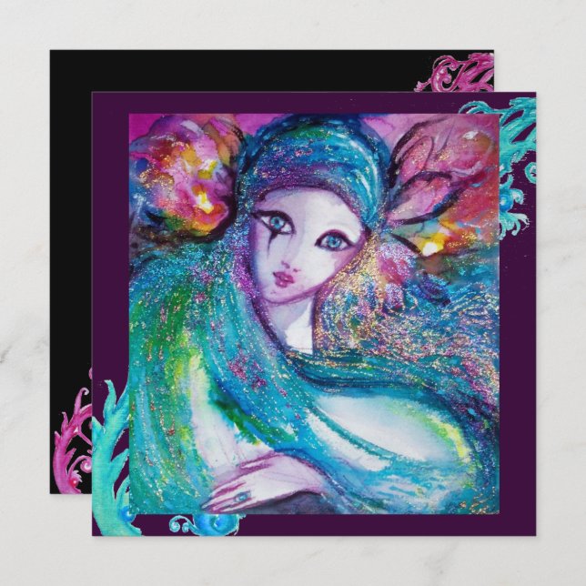 LADY BLUE MASK Masquerade Party,Teal Black Purple Invitation (Front/Back)