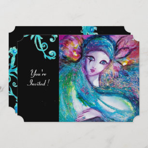 LADY BLUE MASK Masquerade Party,Teal Floral Swirls Invitation