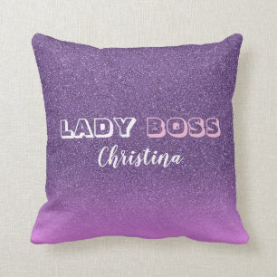 Lady Boss on pink purple glitter name Cushion