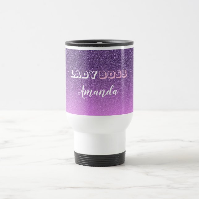 Lady Boss on pink purple glitter name Travel Mug (Center)