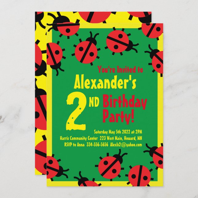 Lady Bug Animal Kid's Birthday Party Invitations (Front/Back)