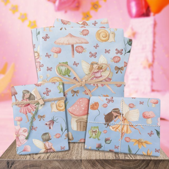 Lady Bug Butterfly Toad Gnome Fairies Garden Blue Wrapping Paper Sheet (Lady Bug Butterfly Toad Gnome Fairies Garden Sky Blue Kids Gift Wrapping Paper)