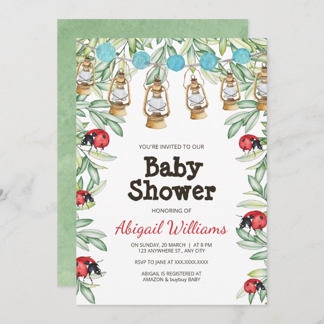 Lady Bug in Greenery Garden Baby Shower Invitation (Front/Back)
