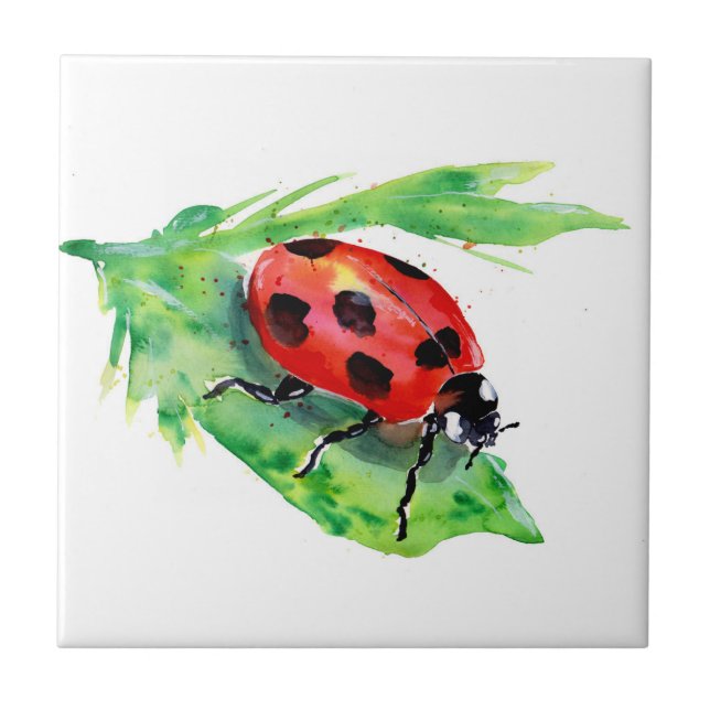 Lady Bug on a Green Leaf Ceramic Tile (Front)
