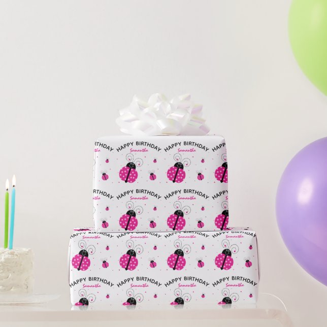 Lady Bug Pink Happy Birthday Wrapping Paper (Party Gifts)