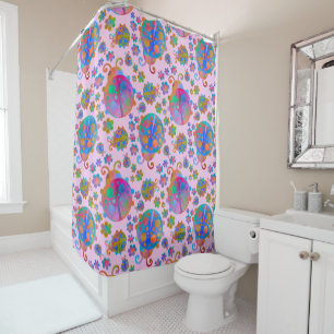 Lady Bugs Amongst the Flowers on a Winter Sunset Shower Curtain