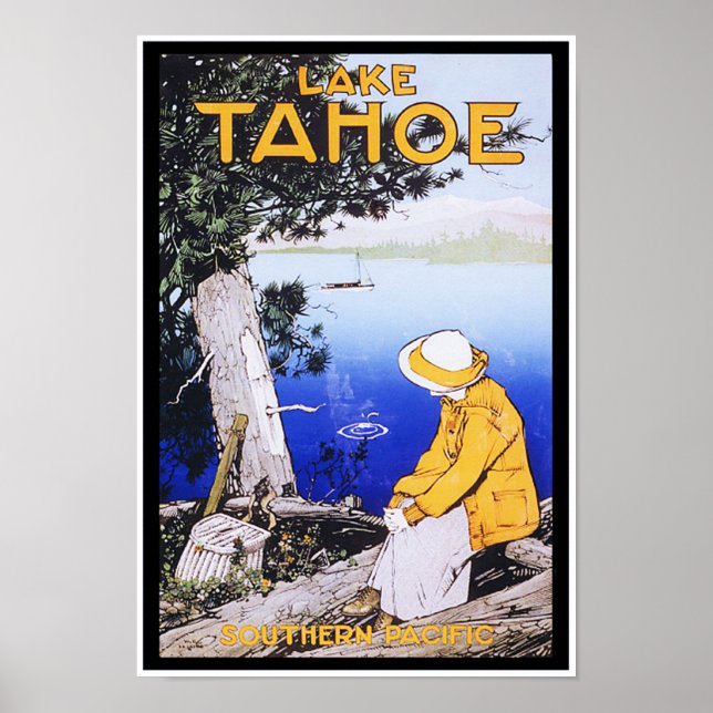 Lady by Tranquil Lake Tahoe Vintage Travel Poster (Front)
