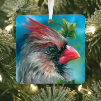 Lady Cardinal Bird with Ivy Leaves Metal Tree Decoration