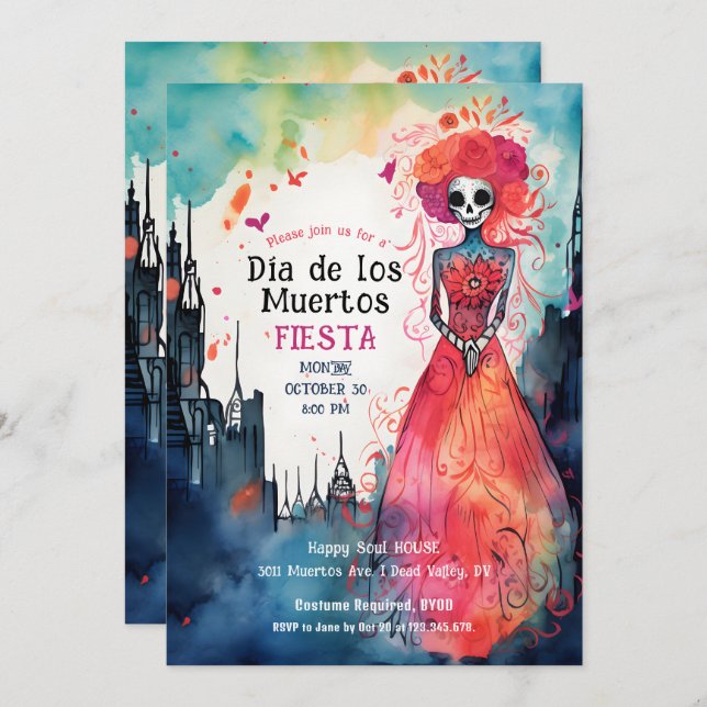  Lady Catrina's  Watercolor Blooming Tribute Invitation (Front/Back)