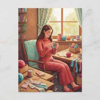 Lady Crocheting in Her Cozy Craftting Room Postcard