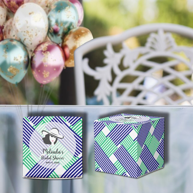 Lady Derby Big Hat Bridal Shower 2 x 2 Favour Box (Big Derby hat lady on blue and green diagonal stripes 2" square bridal shower favor boxes)