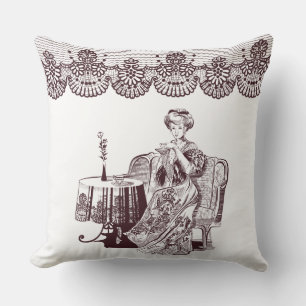 lady drinks tea cushion