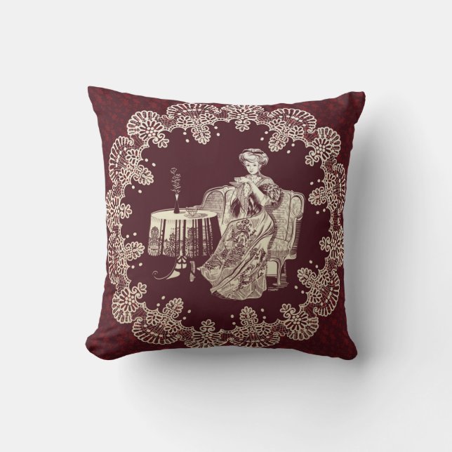 lady drinks tea cushion (Front)