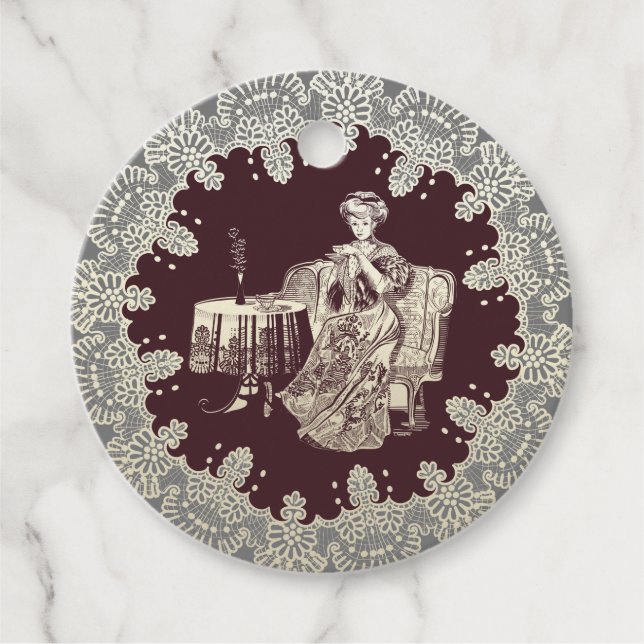 Lady drinks tea favour tags (Front)