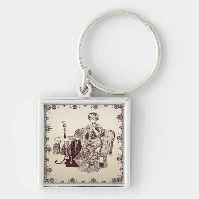 lady drinks tea key ring (Front)