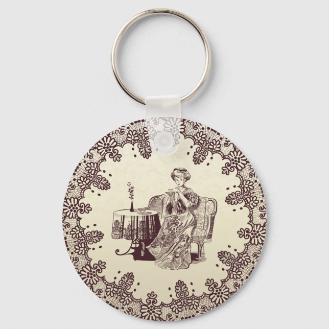 lady drinks tea key ring (Front)