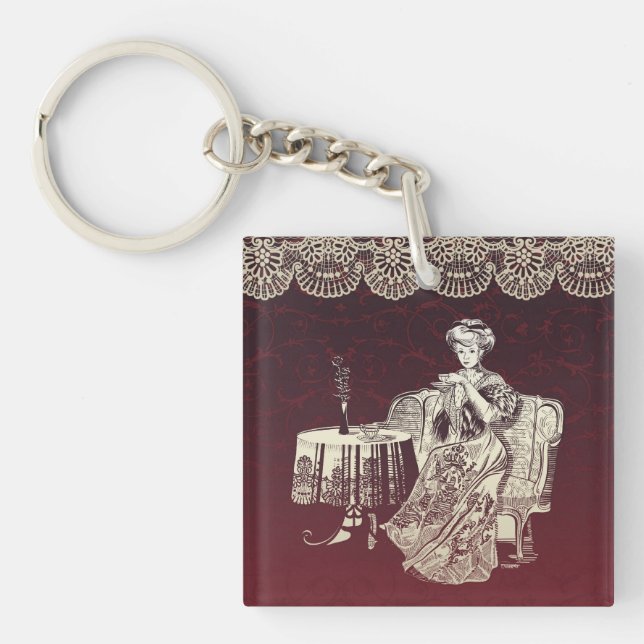 lady drinks tea key ring (Front)