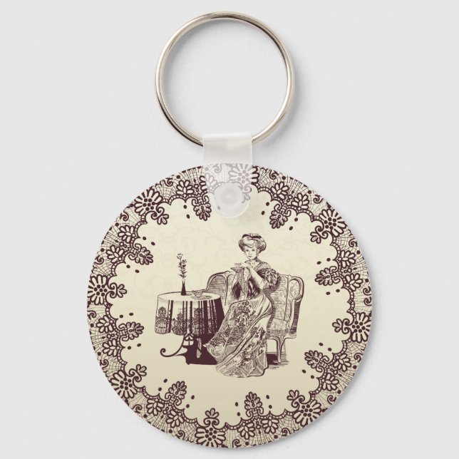 Lady drinks tea  key ring (Front)