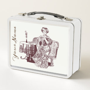 Lady drinks tea  metal lunch box