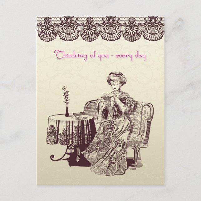 lady drinks tea postcard (Front)