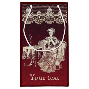 lady drinks tea small gift bag