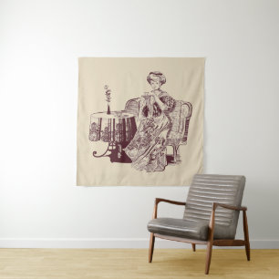 lady drinks tea tapestry