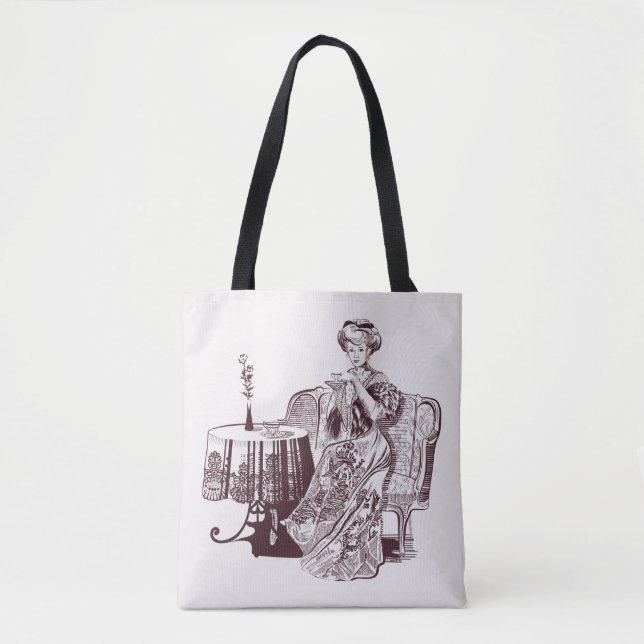 lady drinks tea tote bag (Front)