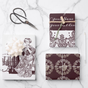 Lady drinks tea Wrapping Paper Flat Sheet Set of 3