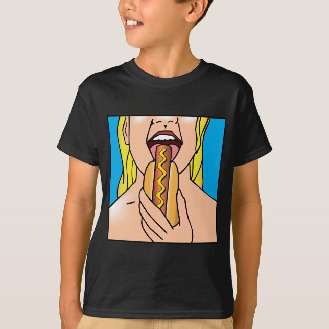 Lady Eating Hot Dog T-Shirt (Front)