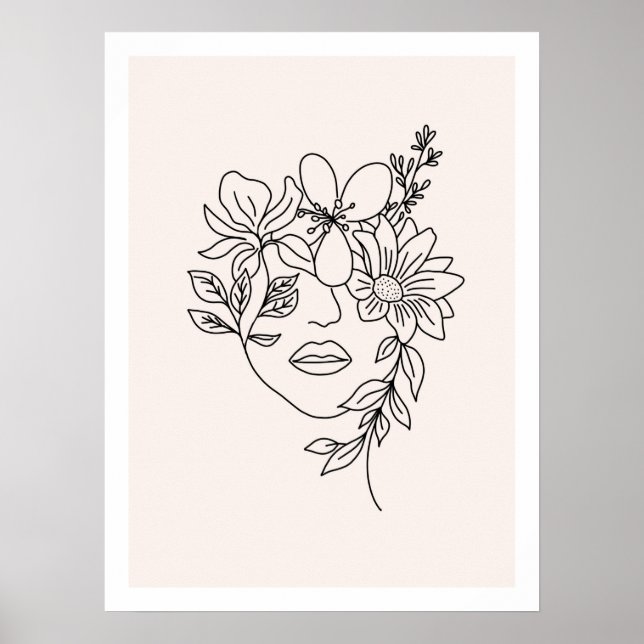 Lady face with flowers Line Art Print (Front)