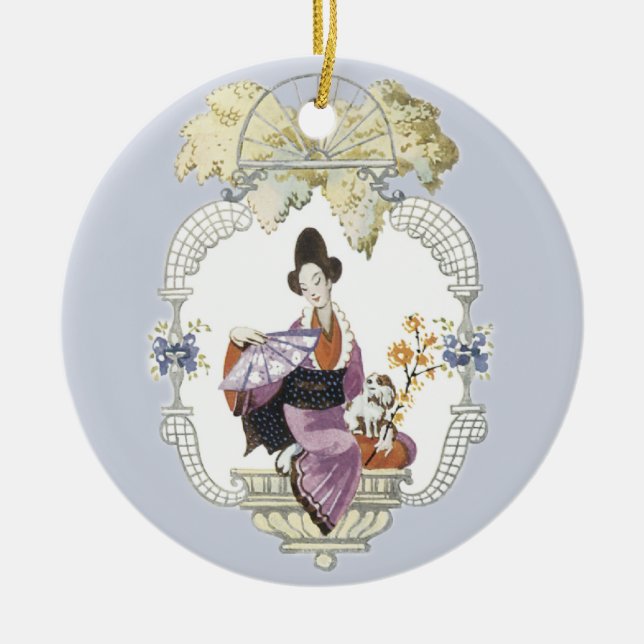 Lady Fan and Dog Ceramic Tree Decoration (Front)