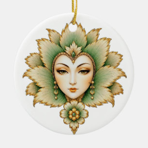 Lady Flower Emerald & Gold Earrings   Persian Lotu Ceramic Ornament