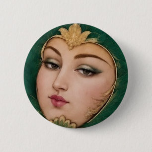 Lady Flower Emerald & Gold Persian Carpet Art 6 Cm Round Badge