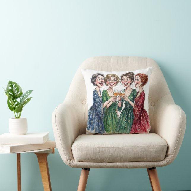 Lady Friends Toasting With Wine Glasses Cushion (Chair)