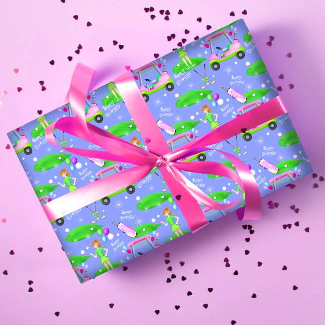 Lady Golf Themed Happy Birthday  Wrapping Paper Sheet (Creator Uploaded)