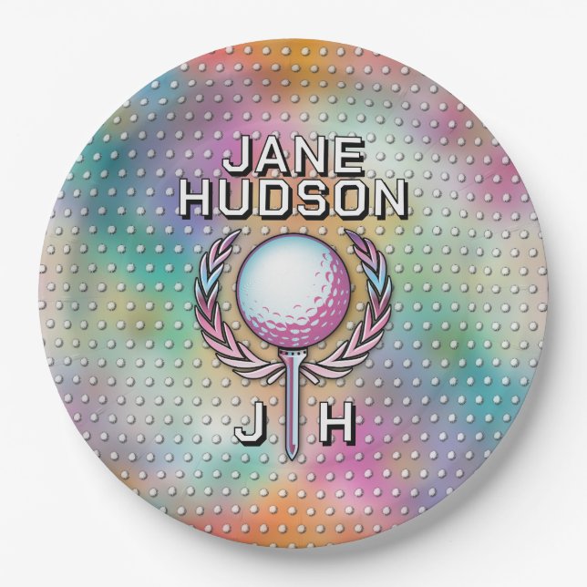 Lady Golfer Custom Monogram Colour Design Paper Plate (Front)