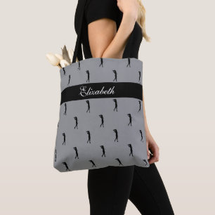 Lady Golfer Customised Name Pattern Grey & Black Tote Bag