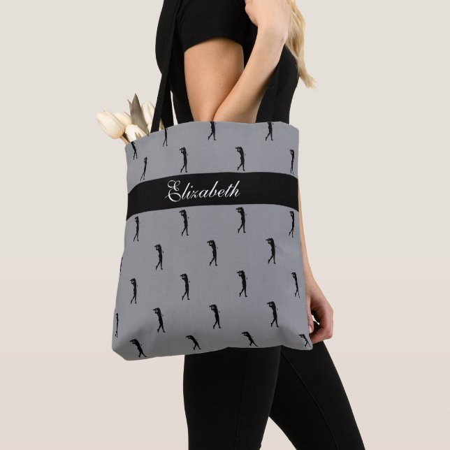 Lady Golfer Customised Name Pattern Grey & Black Tote Bag (Close Up)