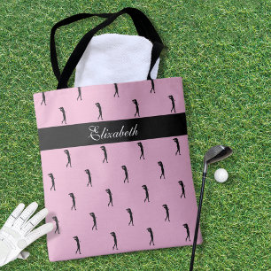 Lady Golfer Customised Name Pattern Pink Black Tote Bag