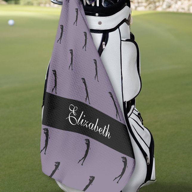 Lady Golfer Customised Name Pattern Purple Black Golf Towel (Creator Uploaded)