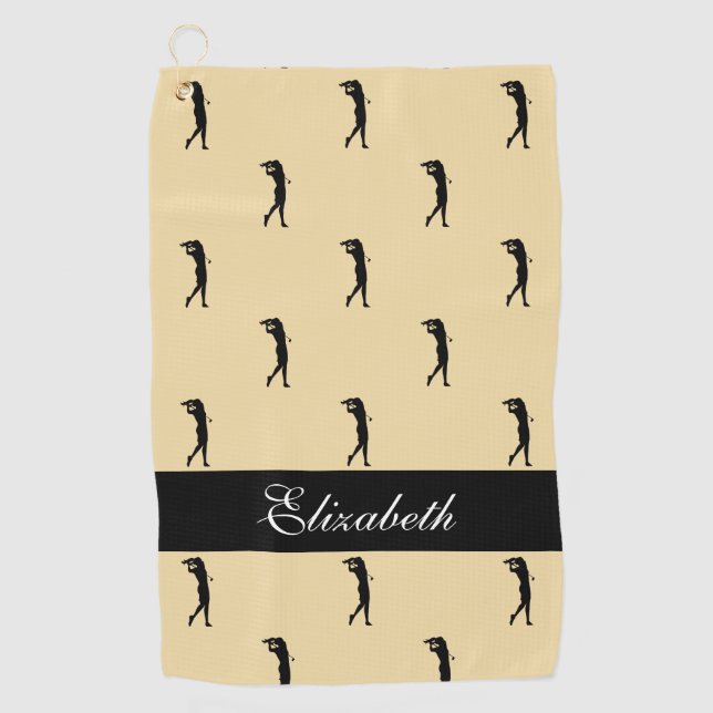Lady Golfer Customised Name Pattern Yellow Black Golf Towel (Front)